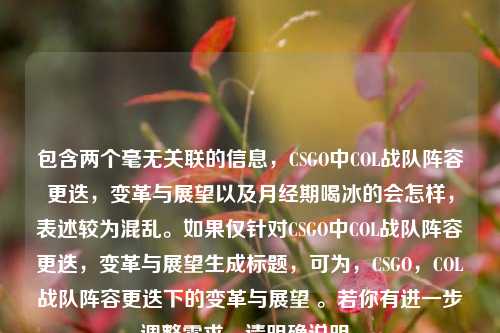 包含两个毫无关联的信息,CSGO中COL战队阵容更迭,变革与展望以及月经期喝冰的会怎样,表述较为混乱。如果仅针对CSGO中COL战队阵容更迭,变革与展望生成标题,可为,CSGO,COL战队阵容更迭下的变革与展望 。若你有进一步调整需求,请明确说明。
