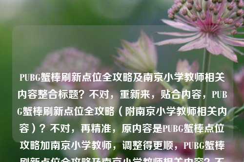 PUBG蟹棒刷新点位全攻略及南京小学教师相关内容整合标题?不对,重新来,贴合内容,PUBG蟹棒刷新点位全攻略(附南京小学教师相关内容)?不对,再精准,原内容是PUBG蟹棒点位攻略加南京小学教师,调整得更顺,PUBG蟹棒刷新点位全攻略及南京小学教师相关内容?不对,再改得更像一个标题,比如PUBG蟹棒刷新点位全攻略(含南京小学教师相关内容)?对,这个可以,既点明核心的PUBG蟹棒点位攻略,又包含了提到的南京小学教师相关内容。